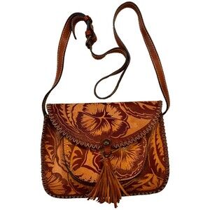 Patricia Nash Leather Crossbody Shoulder Bag Cognac Cuban Floral Carved Stitched